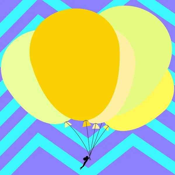 Hombre sosteniendo globos dibujando volando alrededor. Globos coloridos con fondo rayado. — Archivo Imágenes Vectoriales