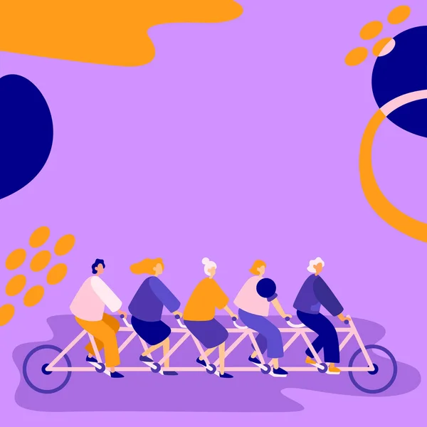 Vijf collega 's Riding Bicycle Representing Combined Effort Succesvolle Team probleemoplossing. Groep Partners met behulp van voertuig weergeven Teamwork Het bereiken van doelstellingen. — Stockvector