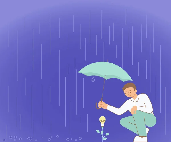 Gentleman Holding Umbrella Growing Flower Representing New Project Ideas Garantizar el éxito del futuro. El hombre mantiene la planta mostrando estrategias innovadoras que crean éxito. — Vector de stock