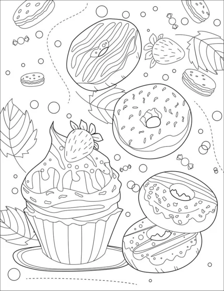 Cupcake grande com donuts de enchimento cobertos com a ideia do livro da coloração do desenho da linha da geada —  Vetores de Stock