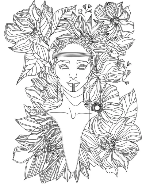 Hermosa cara de dama tribal decorada con flores alrededor del cuello y la línea principal Dibujo Libro para colorear — Archivo Imágenes Vectoriales