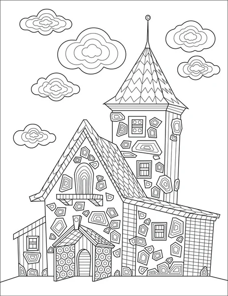 Antigua línea de la casa victoriana dibujo con detalles geométricos y nubes para colorear libro — Vector de stock