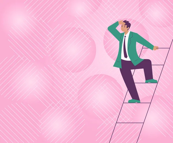 Takım Elbiseli Adam Yürüyen Merdiven Arıyor Son Plan Fikirleri Başarıyla Hedeflere Ulaşılıyor. Geleceğin Yenilikçi Stratejilerini Keşfeden Adam Merdivenleri Çıkıyor. — Stok Vektör