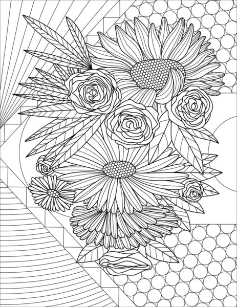 Assorted Flowers Line Drawing Iwth Geometric Background Coloring Book idea — Wektor stockowy