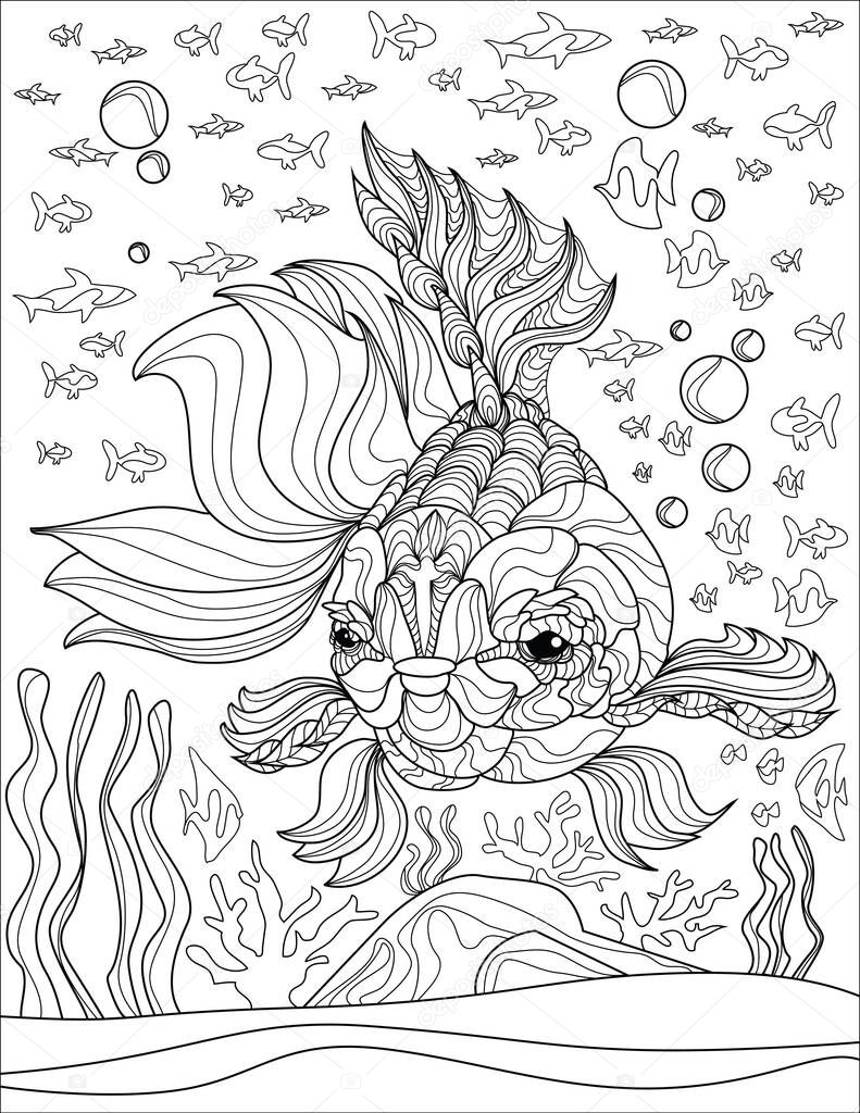 Gold Fish Swimming With Bubbles And Seagrass Backgrounds And Smaller Babies Around Line Drawing Coloring Book