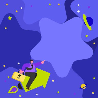 Centilmen Oturan Ok, Finans Başarısını Gösteren Parmak Yıldızı 'nı gösteriyor. Yeni Finans Başarıları Gösteren İşaret Eden El Yıldızlı Gökyüzü.