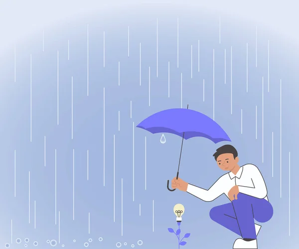 Gentleman Holding Umbrella Growing Flower Representing New Project Ideas Garantizar el éxito del futuro. El hombre mantiene la planta mostrando estrategias innovadoras que crean éxito. — Vector de stock