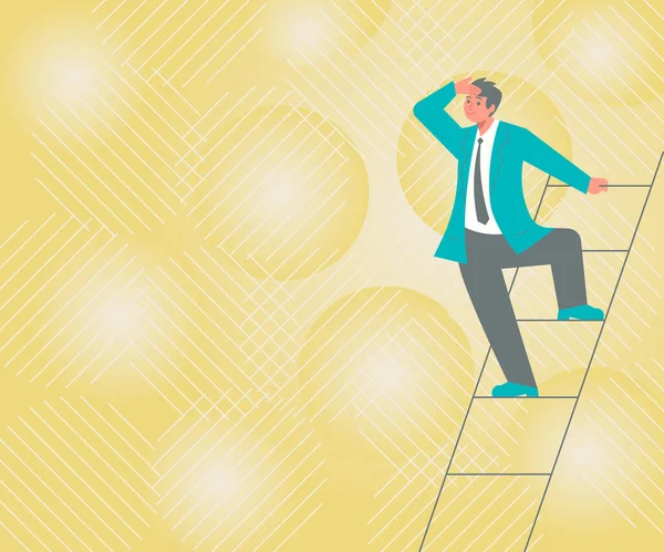 Gentleman v obleku Stálý žebřík Hledání posledních nápadů plánu Úspěšně dosahování cílů. Man Climbing Stairs Exploring Future Innovative Strategies. — Stockový vektor