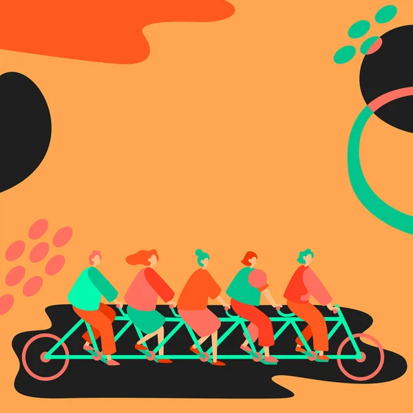 Vijf collega 's Riding Bicycle Representing Combined Effort Succesvolle Team probleemoplossing. Groep Partners met behulp van voertuig weergeven Teamwork Het bereiken van doelstellingen. — Stockvector
