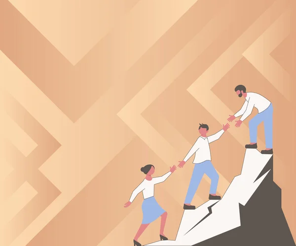 Thee Colleagues Climbing Upwards Mountain Reaching Success Presenting Teamwork. Partners Walking Up Peak Achieving Progress Presenting Combined Effort. — Stock vektor