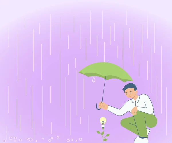 Gentleman Holding Umbrella Growing Flower Representing New Project Ideas Garantizar el éxito del futuro. El hombre mantiene la planta mostrando estrategias innovadoras que crean éxito. — Vector de stock