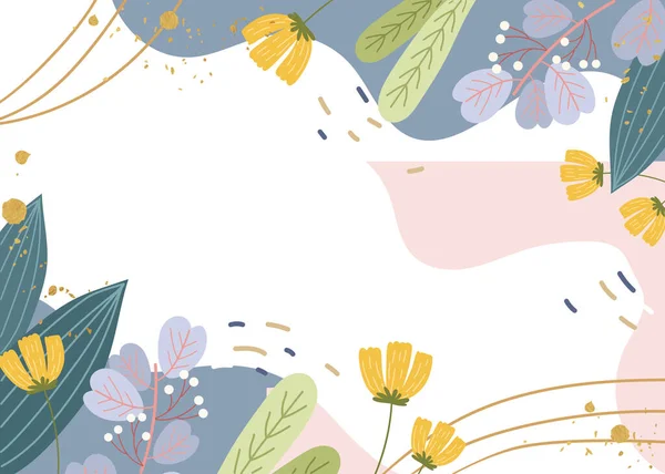 抽象的な近代化された形態の花や葉で飾られたブランクフレーム。多色の線記号で囲まれた空の現代の境界. — ストックベクタ