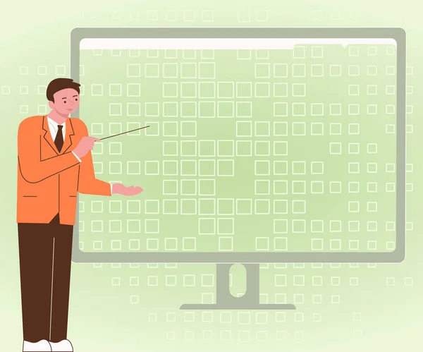 ビジネスマンのイラスト一人でしっかりと立ってコンピュータ画面にチャートと新しい素晴らしいアイデアを提示します。自分でブラザーを使う従業員は古い素晴らしい考えを示す. — ストックベクタ
