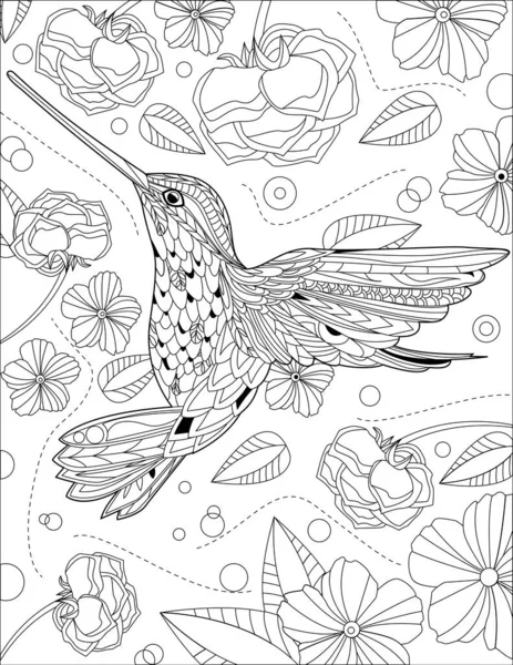 Hummingbird Eating Flower Syrup With Flowers And Roses Surrounding Line Drawing Coloring Book — Stock vektor