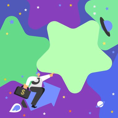 Centilmen Oturan Ok, Finans Başarısını Gösteren Parmak Yıldızı 'nı gösteriyor. Yeni Finans Başarıları Gösteren İşaret Eden El Yıldızlı Gökyüzü.