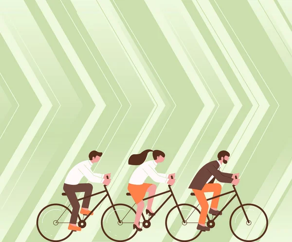 Tres colegas montando en bicicleta representando un esfuerzo combinado para resolver exitosamente el problema del equipo. Socios de Grupo Usando Vehículos Mostrando Trabajo en Equipo Alcanzando Objetivos. — Archivo Imágenes Vectoriales