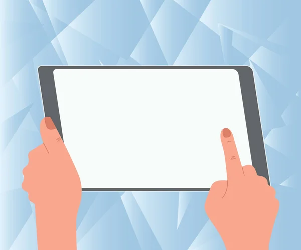 Illustratie van een hand met behulp van Big Tablet Zoeken Plannen voor nieuwe geweldige ideeën. Palm Drawing Holding Grote Pad Het vinden van oud prachtig nieuws voor het project. — Stockvector