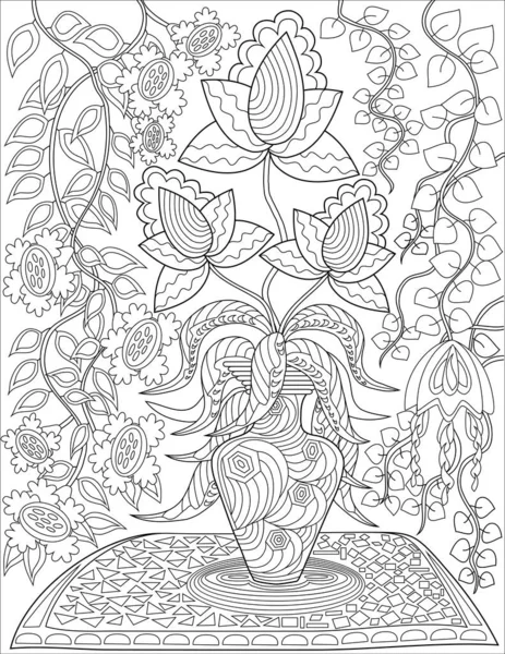 Flower Vase On Table With Roses And Assorted Flowers With Background Wall Paper Flowers Line Drawing Coloring Book — стоковый вектор