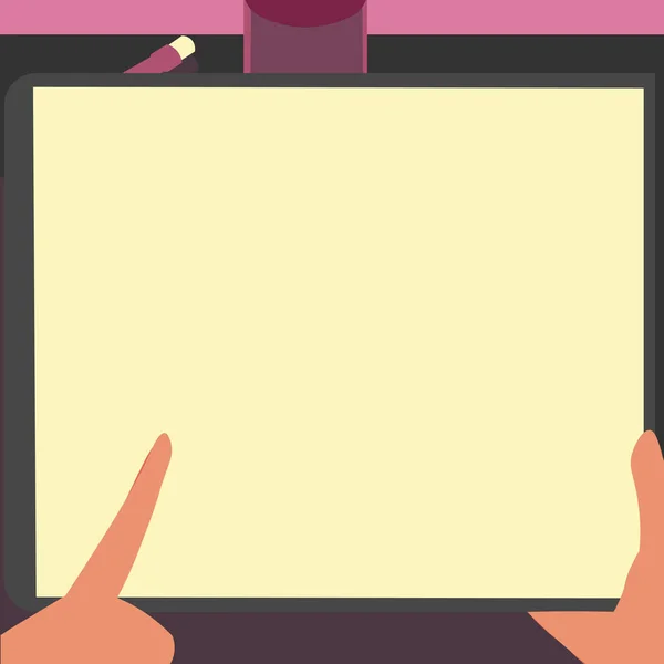 Illustrazione di una mano che utilizza grandi piani di ricerca Tablet per nuove idee sorprendenti. Palm Drawing tenendo grande pad Trovare vecchie meravigliose notizie per il progetto. — Vettoriale Stock