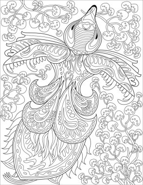 Beautiful Bird With Big Feather Tail Surrounded With Butterflies Surrounding Line Drawing For Coloring Book