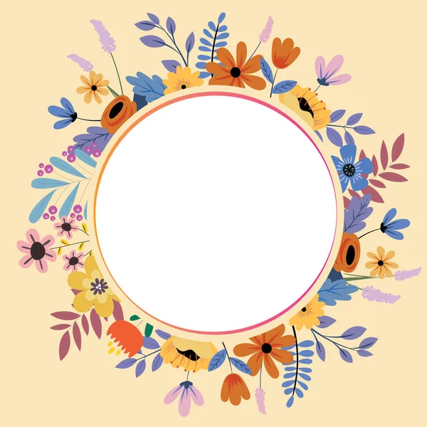 Text Frame Surrounded With Assorted Flowers Hearts And Leaves. Framework For Writing Ringed With Different Daisies, Hearts And Tree Leaves — Stock Vector