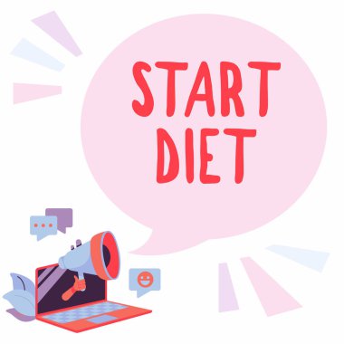 Başlangıç Diyetini gösteren metin işareti. İş fikri, düzenlenmiş ve denetimli bir dizüstü bilgisayarla yemek yeme uygulaması. Megafonla Sohbet Bulutu 'nda Yorumlar ve Tepkiler.