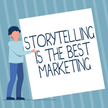 El yazısı metin anlatma en iyi pazarlamadır. Kavram, şirketlerin etkin pazarlama yaklaşımı demek. Man Standing Holding Sunar Büyük Boş Kağıt.