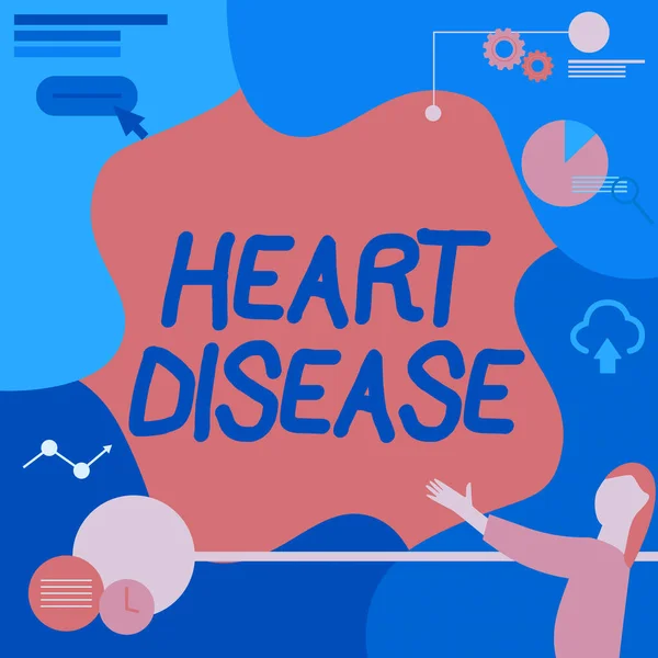 Metin başlığı Kalp Hastalığı 'nı gösteriyor. İş yaklaşımı. Kalp ve kan damarlarını etkileyen bir tür hastalık. Bayan Kalıcı Projektör Uzaktan Kumanda Sunar Turta Çizelgeleri — Stok fotoğraf