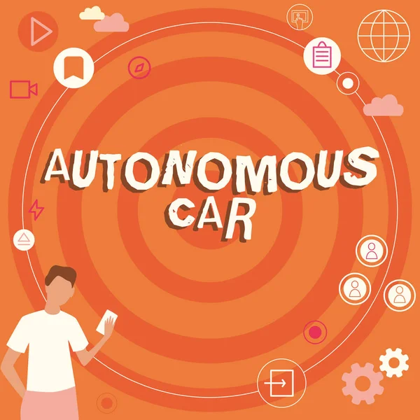 展示自动驾驶汽车的标志。商业展示工具，它可以在无需人类引导的情况下引导自己走向稳定的未来. — 图库照片