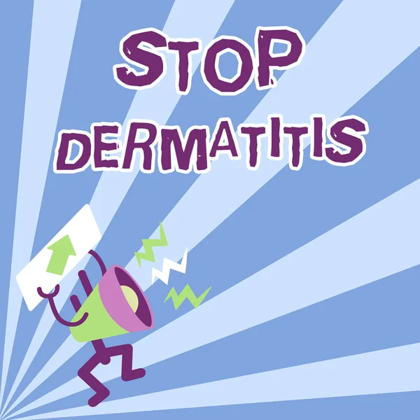 콘셉트 디스플레이 Stop Dermatitis. 사업 개념 은 메가 폰 이 중요 한 소식을 설명하는 중요 한 소식을 설명하는 메가폰 에 접촉 함으로써 야기되는 짜증을 끝내 준다 — 스톡 사진