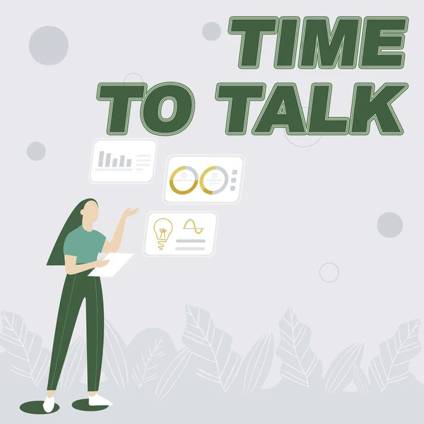 Konzeptionelle Bildunterschrift: Time To Talk. Geschäftsübersicht, um mit der Person gründlich zu diskutieren oder Informationen zu vermitteln Illustration Of Girl Sharing Ideas For Skill Discussion Work Strategies. — Stockfoto