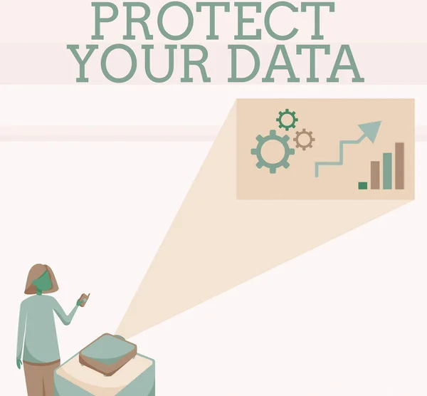 당신의 데이터를 보호하는 영감을 보여 주는 텍스트. 비즈니스 접근 사이버 보안 보안 보안 및 손실 또는 사기당하지 않도록 디지털 정보를 보호 프로젝터 리모컨을 들고 서 있는 여성 — 스톡 사진