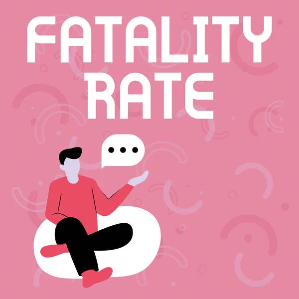 Inspiración mostrando signo Fatality Rate. Concepto de Internet calculó el número de muertes en un rango específico de período Ilustración del hombre de negocios sentado en una silla de sofá blando Hablando. — Foto de Stock