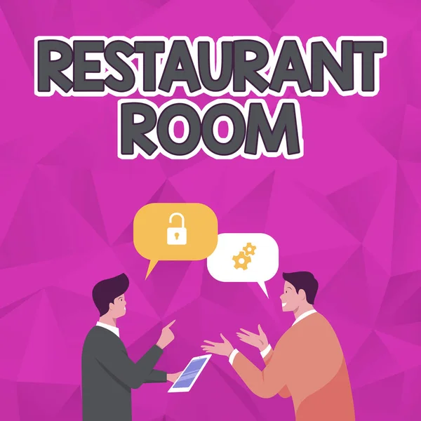 Handschrift tekst Restaurant Room. Internet Concept laat zien betalen om te zitten en eten maaltijden die worden gekookt en geserveerd Twee Mannen Collega 's Staande Gedachten delen Samen met Speech Bubbles — Stockfoto