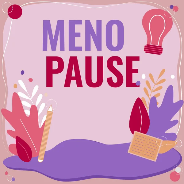 Conceptueel bijschrift Meno Pauze. Concept betekent het proces waardoor een niet langer vruchtbaar of menstrueren Tekst Frame omgeven met geassorteerde bloemen Harten en bladeren — Stockfoto