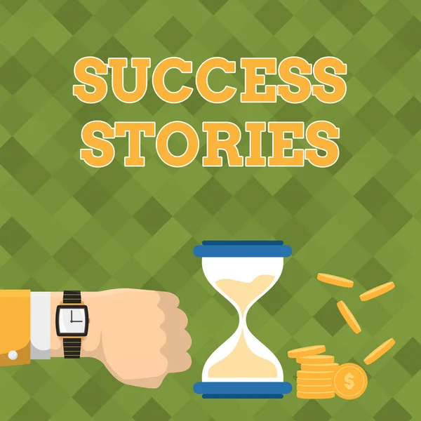 Handschriftliche Erfolgsgeschichten. Wort geschrieben über die Geschichte von etwas oder jemandem, der große Erfolge erzielt Geschäftsmann mit Armbanduhr, die Sanduhr zeigt, die wertvolle Messwerte anzeigt. — Stockfoto