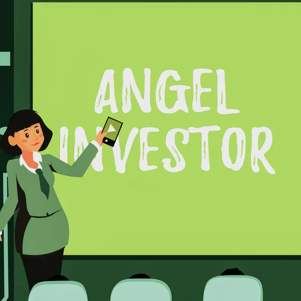 엔젤 투자자 (Angel Investor) 는 다음을 가리킨다. 원격 조종을 하는 여성에게 금융 지원을 제공하는 높은 순이익 개인을 위한 높은 순이익을 위한 단어. — 스톡 사진