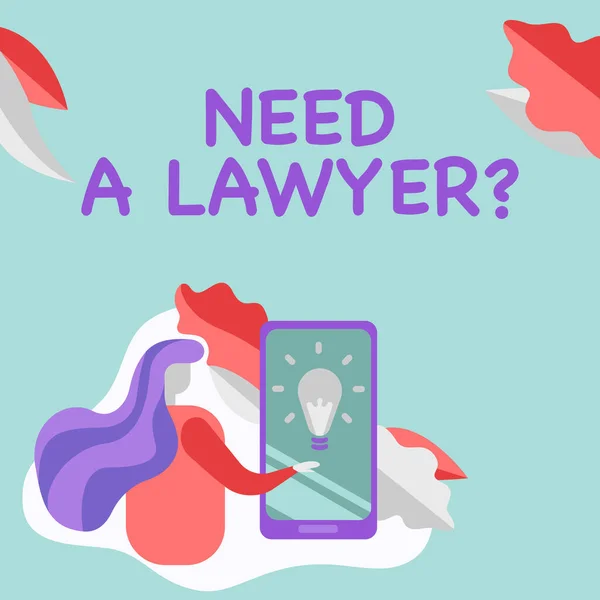 インスピレーションを示すテキスト弁護士の質問が必要です。法的問題や紛争を必要とする人に尋ねるビジネスアイデア携帯電話の画面を押す女性未来的な技術を示す. — ストック写真