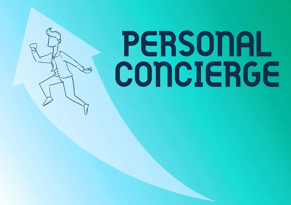 Inspiration showing sign Personal Concierge. Concept meaning someone who will make arrangements or run errands Illustration Of Happy Businessman Running Up With Arrow Got His Promotion. — Stock Photo, Image