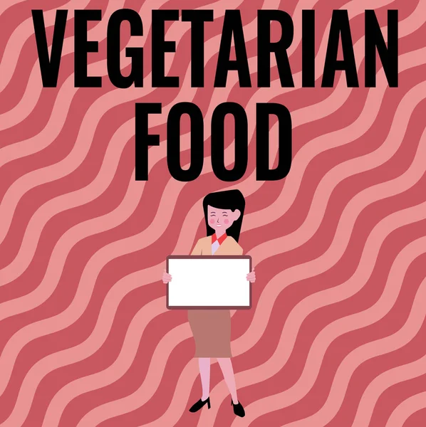 Handschrift bord Vegetarisch eten. Internet Concept keuken verwijst naar voedsel dat voldoet aan vegetarische normen Mooie dame staande Holding Whiteboard Presenteren van nieuwe aankondiging. — Stockfoto
