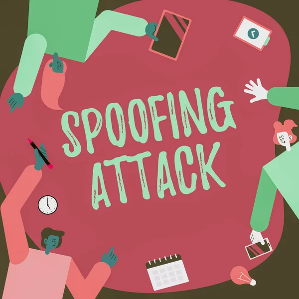 Sign displaying Spoofing Attack. Business idea impersonation of a user, device or client on the Internet Colleagues Carrying S Decorating Mobile Application Defining Teamwork. — Stock Photo, Image