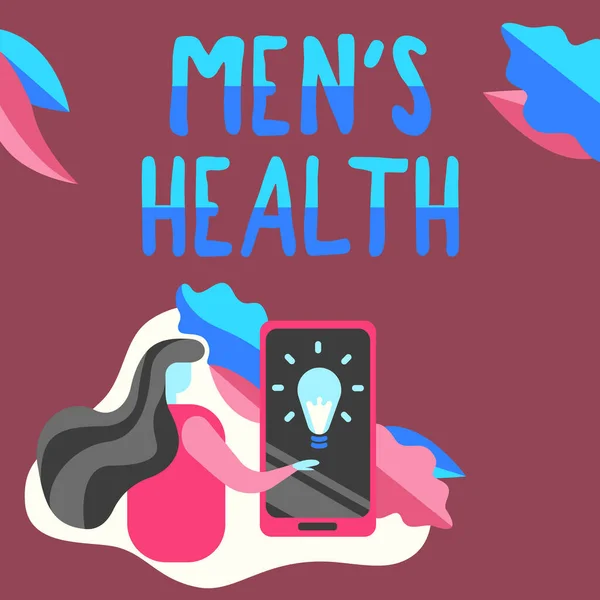 Az ihletet adó szöveg: Mens Health. Üzleti ötlet a teljes és társadalmi jólét állapotát, ahogy azt a férfiak tapasztalták Lady Pressing Screen Of Mobile Phone A Futurisztikus technológia megjelenítése. — Stock Fotó