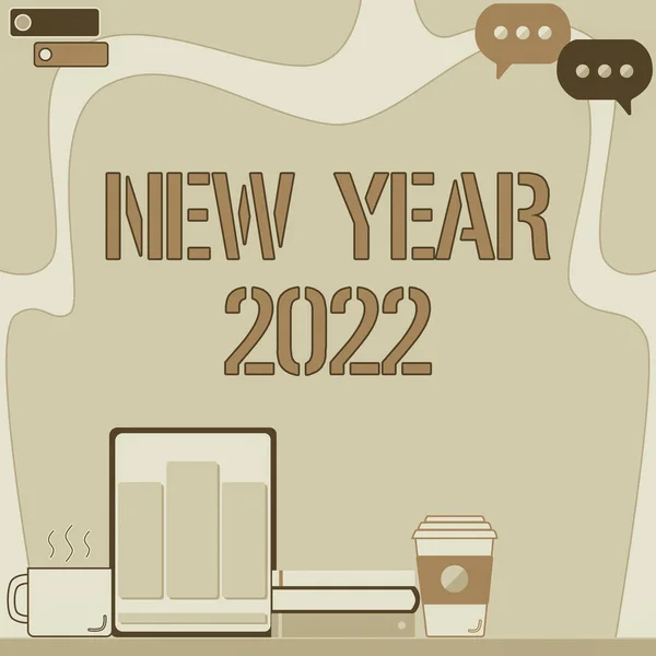 概念表示新年2022.挨拶に書かれた言葉お祝いの休日新鮮なスタートタブレットペンホルダーオープンブランクノートブックと最高の願いオフィスデスク適切に配置. — ストック写真
