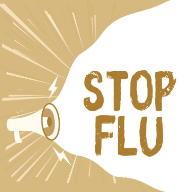 Kavramsal manşet Gribi Durdur. İş konsepti ciğerlerinizdeki ve hava yollarınızdaki viral enfeksiyona son verdi. Megafon çizimi Boş Bulut 'a Yeni Gürültülü Duyuru.