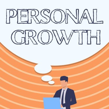 El yazısı tabelası Kişisel Büyüme. İş dünyası, Takım Elbiseli İşadamı 'nın Büyük Fikir Baloncuklu Dizüstü Bilgisayarı kullanarak geliştirdiği uzun vadeli bir süreci gösteriyor..