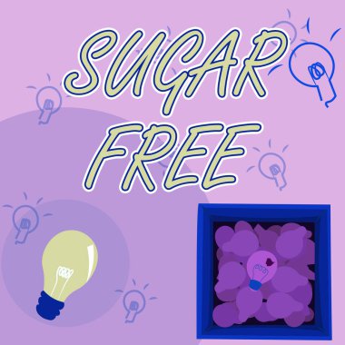 Şekersiz metin gösterimi yazılıyor. İş genel görünümü şeker içermiyor ve onun yerine sadece yapay tatlandırıcı var Parlayan Ampul Kutuda Yeni Keşifler Gösteren.