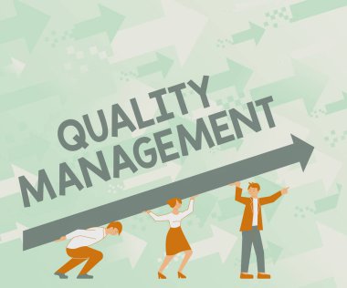 Metin Kalite Yönetimi gösterimi yazılıyor. Başarılması gereken iş konsepti denetim faaliyetleri. Dört Meslektaşın Çizimleri Başarı İçin Büyük Ok.