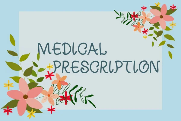 医療規定が表示されます。医師が実施するビジネスコンセプトヘルスケアプログラム関連する花と葉に囲まれたテキストフレーム. — ストック写真