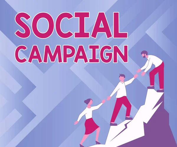 Text showing inspiration Social Campaign. Business idea use social media platform to improve brand awareness Colleagues Climbing Upwards Mountain Reaching Success Presenting Teamwork.