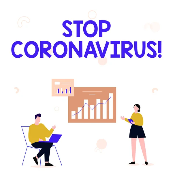 Λεζάντα κειμένου που παρουσιάζει το Stop Coronavirus. Επιχειρηματική προσέγγιση Εκστρατεία ευαισθητοποίησης των ασθενειών καταπολέμηση για να μειώσει τις περιπτώσεις COVID19 Ο άνθρωπος που χρησιμοποιεί το φορητό υπολογιστή και το κορίτσι μόνιμη ανταλλαγή ιδεών για τη βελτίωση. — Φωτογραφία Αρχείου